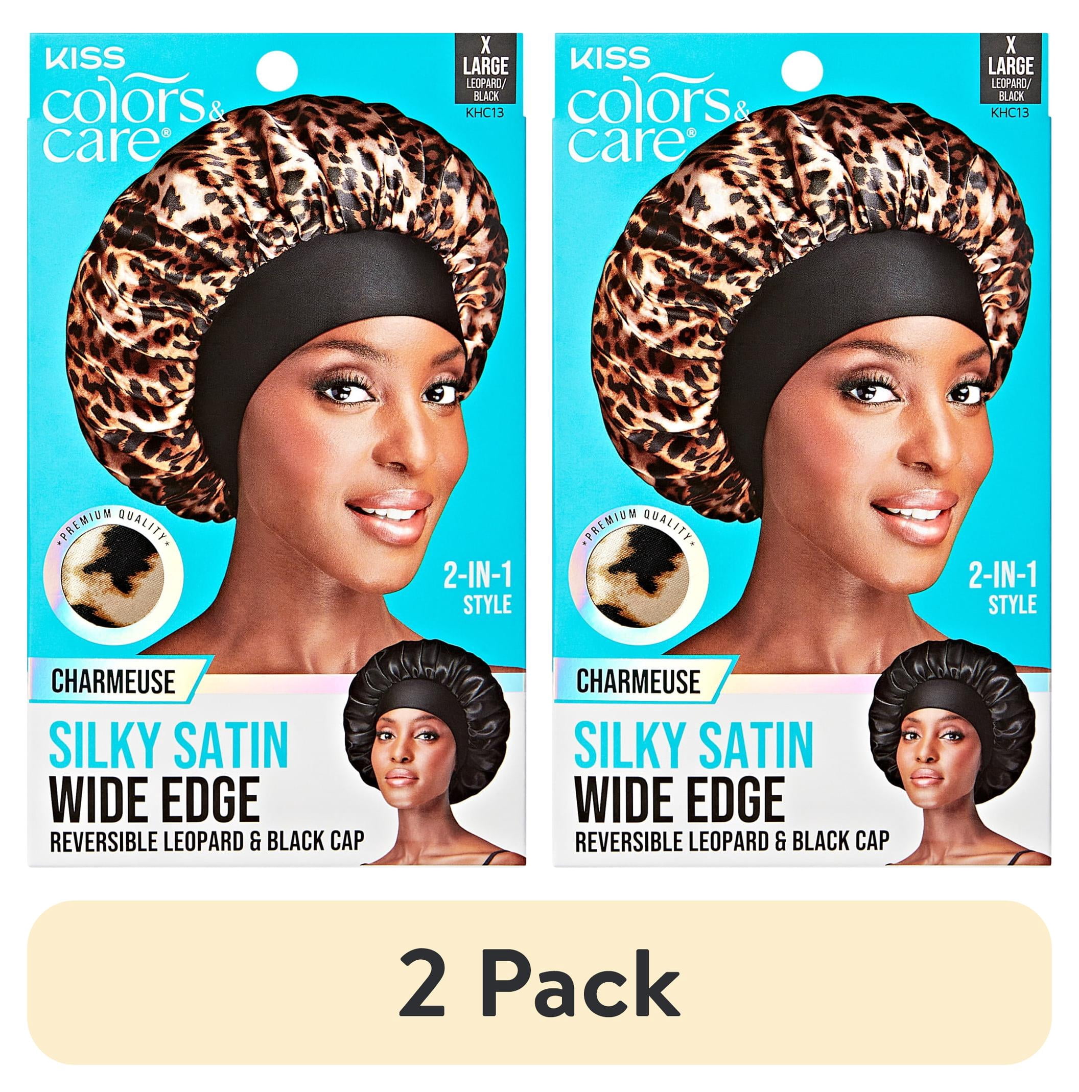 (2 pack) Kiss Colors & Care Silky Satin Wide Edge Reversible Double Wear Cap, XL, Leopard & Black