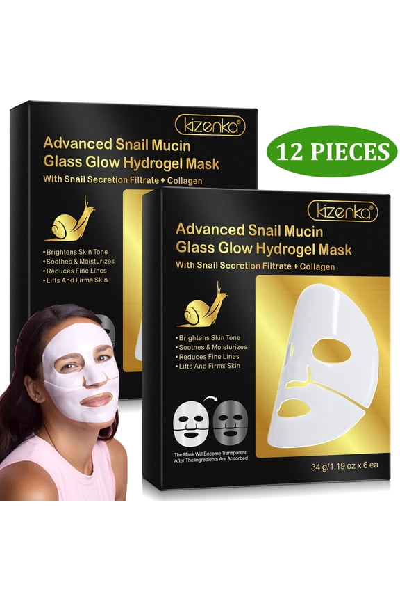 (2 pack) Kizenka Hydrogel Sheet Mask for Face - 6 Sheets, Hydrating Collagen Facial Mask, Lift and Firm Skin, Overnight Face Mask