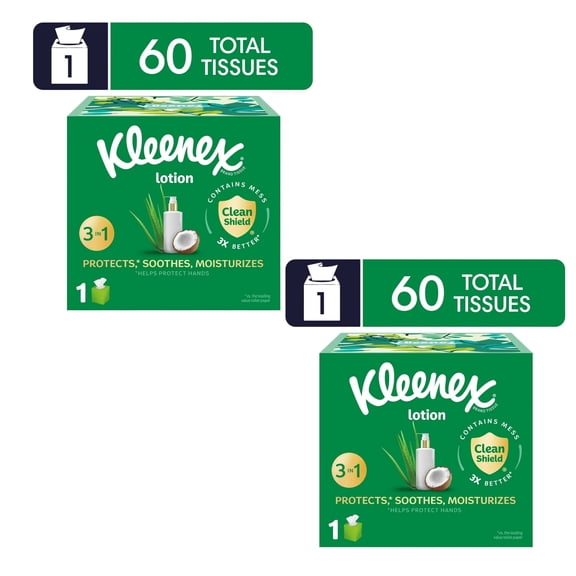 (2 pack) Kleenex Lotion Facial Tissues with Coconut Oil, 1 Cube Box, 60 Tissues per Box, 3-Ply