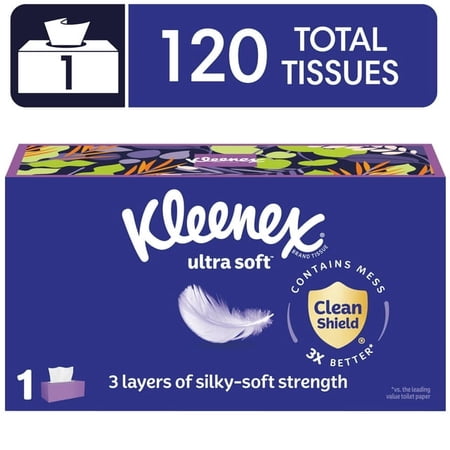 (2 pack) Kleenex Ultra Soft Facial Tissues, 1 Flat Box, 120 Tissues per Box, 3-Ply