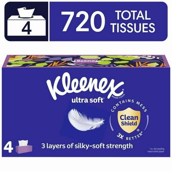 (2 pack) Kleenex Ultra Soft Facial Tissues, 4 Flat Boxes, 180 Tissues per Box, 3-Ply
