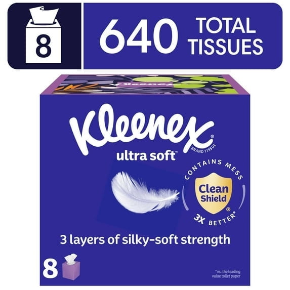 (2 pack) Kleenex Ultra Soft Facial Tissues, 8 Cube Boxes, 80 Tissues per Box, 3-Ply