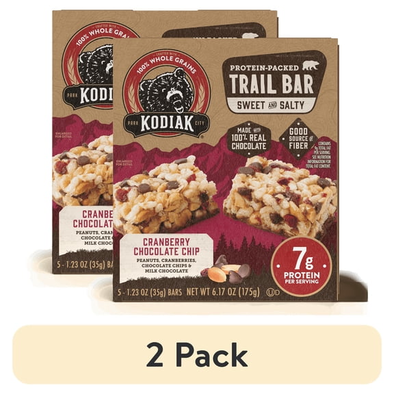 (2 pack) Kodiak Cranberry Chocolate Chip Protein Packed Trail Bars, 1.23 oz, 5 Count Cardboard Box