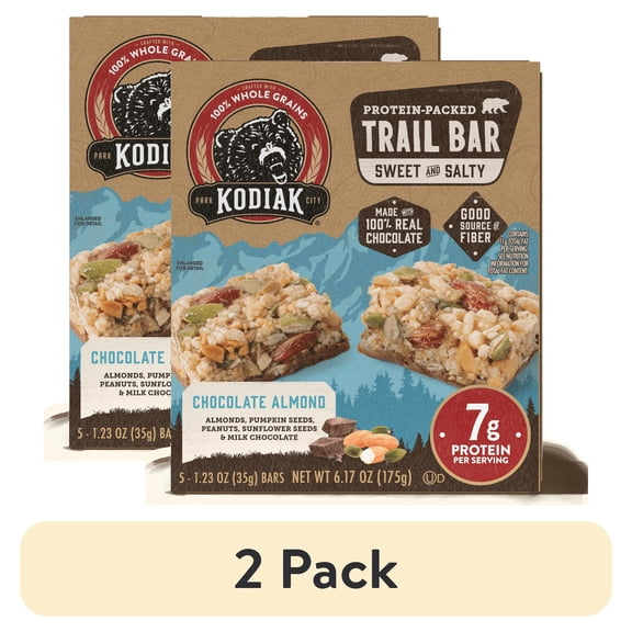 (2 pack) Kodiak Protein-Packed Chocolate Almond Trail Bars, 1.23 oz, 5 Count Cardboard Box