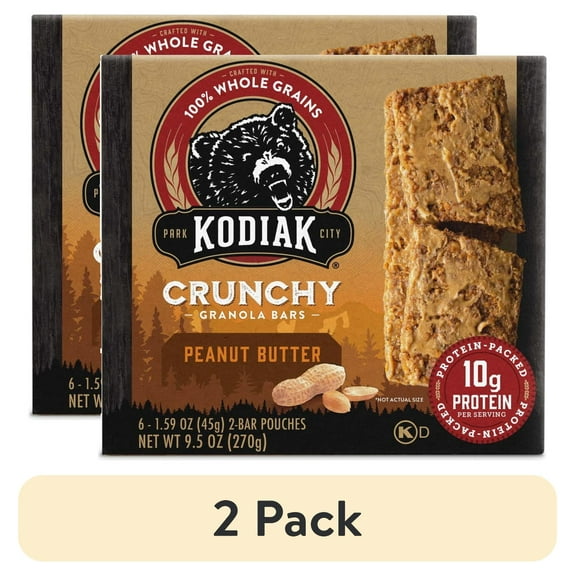 (2 pack) Kodiak Protein-Packed Peanut Butter Crunchy Granola Bars, 1.59 oz, 6 Count Cardboard Box