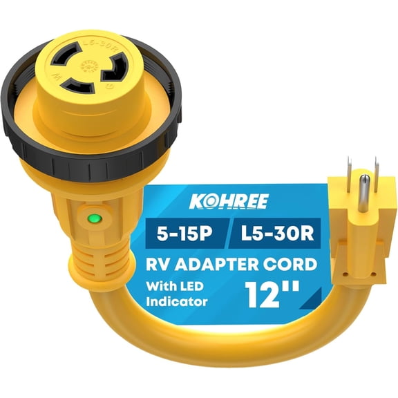 (2 pack) Kohree RV Adapter Plug 30 Amp to 15 Amp 110V, RV Power Adapter 15A Male to 30A Female, RV Dogbone Electrical Adapter Cord 12" with Twist Lock & LED Indicator