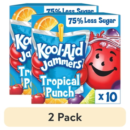(2 pack) Kool-Aid Jammers Artificially Flavored Drink, 10 Pouches, for School Lunches and On-the-Go Hydration, Tropical Punch Artificially Flavored, Excellent Source of Vitamin C, 6 fl oz