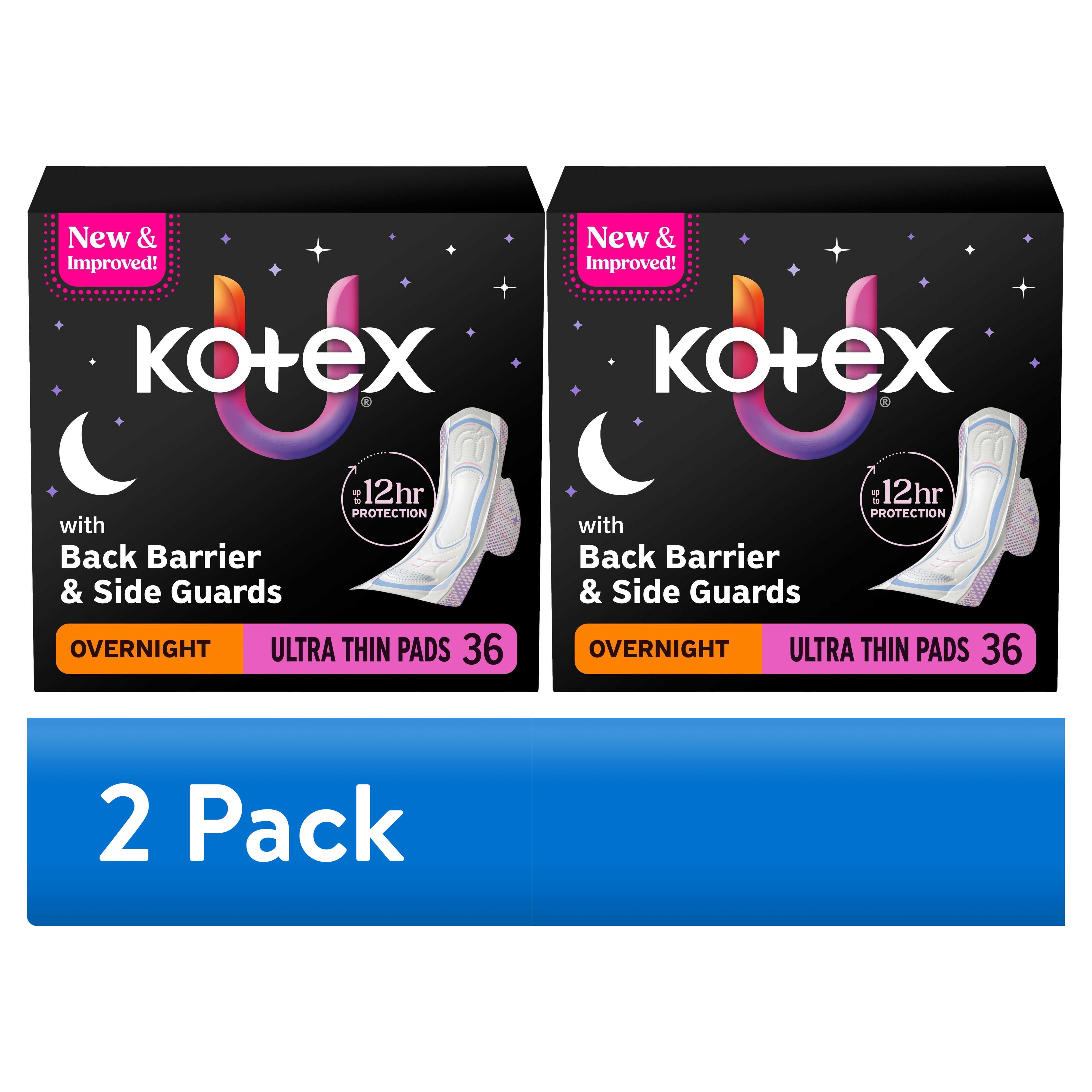 (2 pack) Kotex Ultra Thin Overnight Pads with Wings, Heavy Absorbency, 36 Count