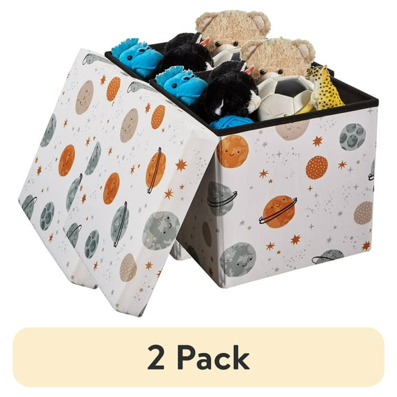 (2 pack) Kvell Kids 15 x 15 x 15 inches Collapsible Toy Storage Bin with Planet Design and Removable Lid