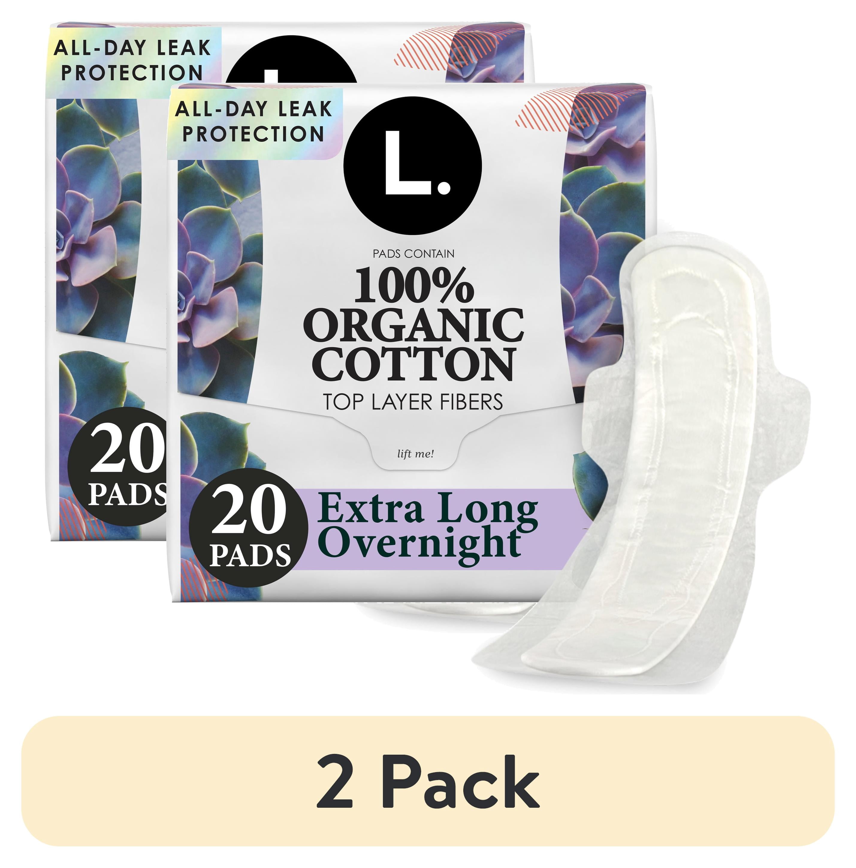 (2 pack) L. Chlorine Free Maxi Extra Long Overnight Pads with Wings, 20 Count
