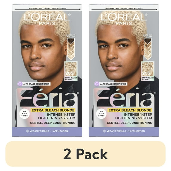 (2 pack) L'Oreal Paris Feria Multi-Faceted Shimmering Permanent Hair Color, 205 Bleach Blonding (Extra Bleach Blonde), 1 kit