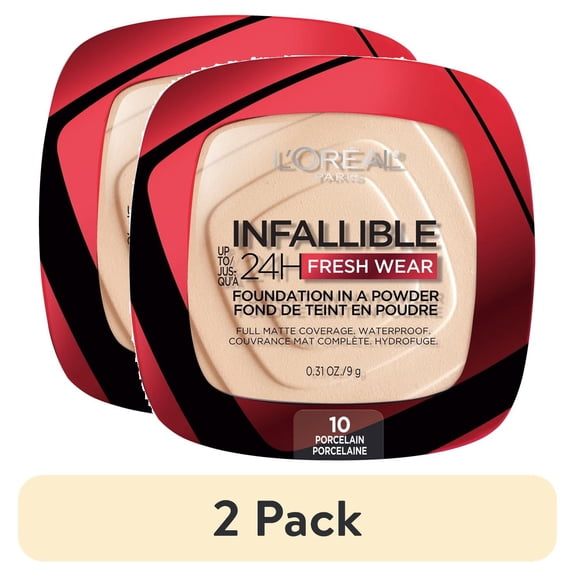 (2 pack) L'Oreal Paris Infallible Fresh Wear 24 Hr Powder Foundation Makeup, 010 Porcelain, 1 fl oz