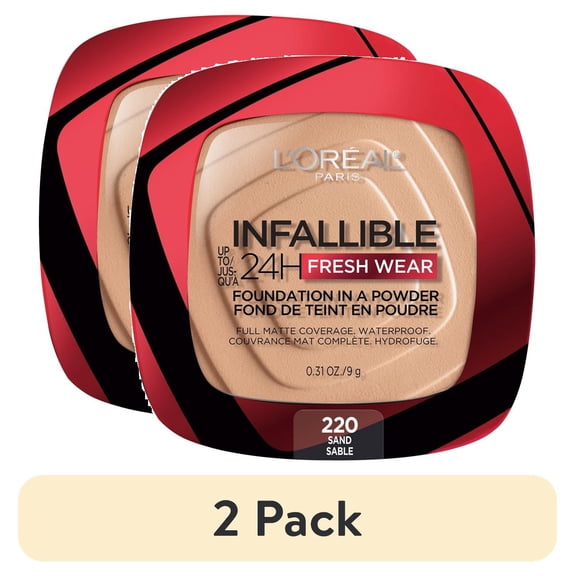 (2 pack) L'Oreal Paris Infallible Fresh Wear 24 Hr Powder Foundation Makeup, 220 Sand, 0.31 oz