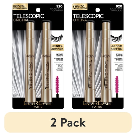 (2 pack) L'Oreal Paris Telescopic Original Washable Mascara, Blackest Black, 2 Pack