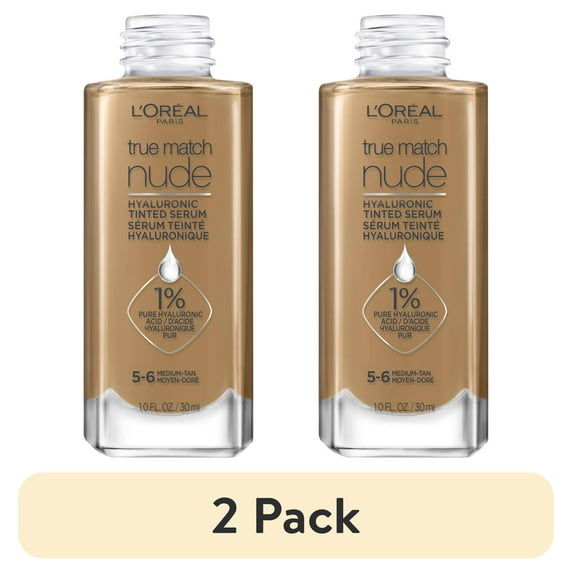 (2 pack) L'Oreal Paris True Match Hyaluronic Tinted Serum Foundation Makeup, Medium Tan 5-6, 1 fl oz