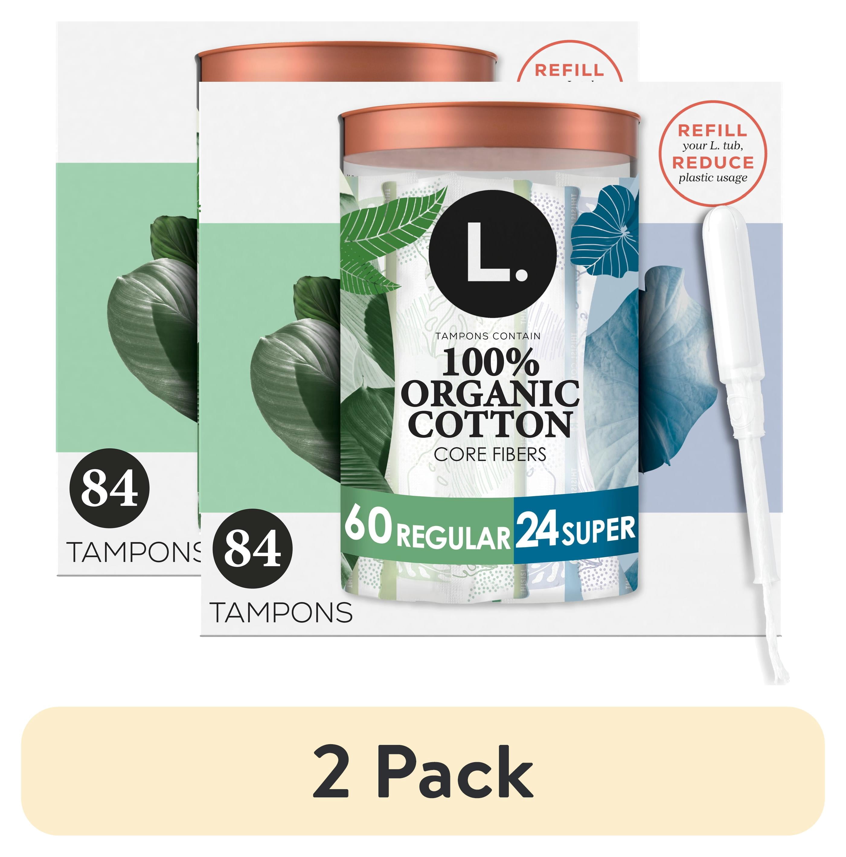 (2 pack) L. Organic Cotton Tampons Regular/Super Absorbency, 84 count
