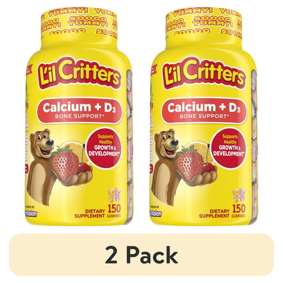 (2 pack) Lil Critters Calcium + D3 Daily Gummy Supplement for Kids, for Bone Support, Orange, Strawberry and Cherry Flavors, 150 Gummies