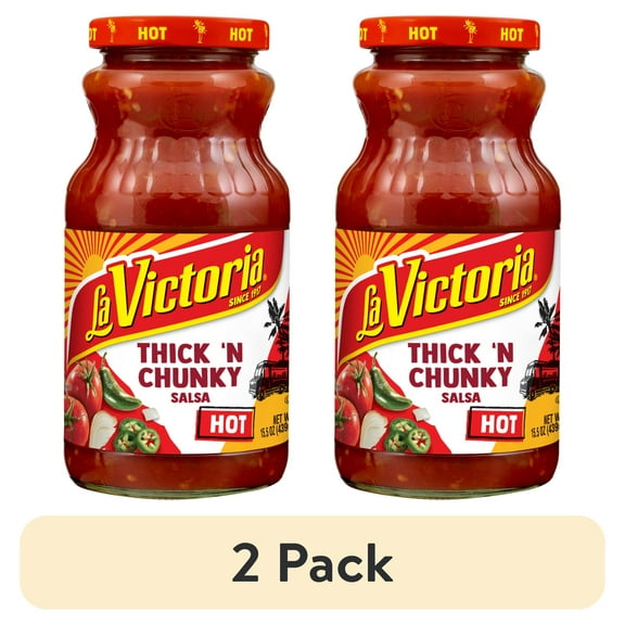(2 pack) LA VICTORIA Thick 'N Chunky Salsa, Hot, Shelf-Stable, 15.5 oz Glass Jar