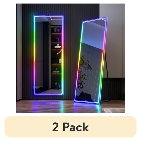 (2 pack) LVSOMT 63"X22" RGB LED Mirror, Full-Length Mirror with Lights, Floor Mirror, Full Body Mirror, Free Standing x Wall Mounted Mirror, Large Full Size Stand up Mirror for Bedroom Living Room, White