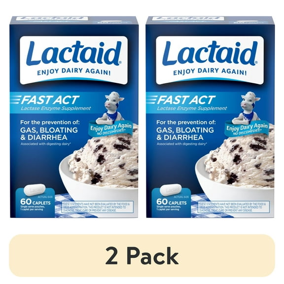 (2 pack) Lactaid Fast Act Lactose Intolerance Caplets, 60 Travel Packs of 1-ct.