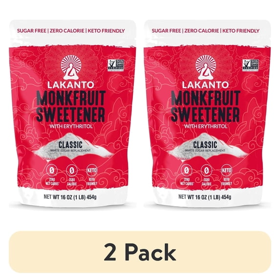(2 pack) Lakanto Classic Monk Fruit Sweetener - White Sugar Substitute, Zero Calorie, Keto Diet Friendly, Zero Net Carbs, Zero Glycemic, Baking, Extract, Sugar Replacement (Classic White - 1 lb)