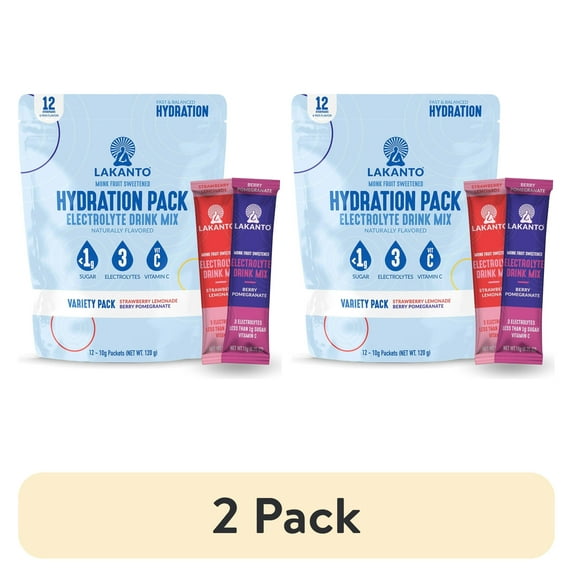 (2 pack) Lakanto Sugar-Free Hydration Pack, Electrolyte Drink Mix, Strawberry Lemonade & Berry Pomegranate Variety Pack (12 Sticks - Pack of 1)