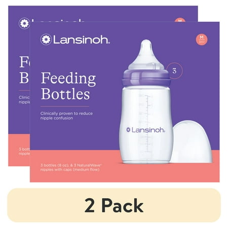 (2 pack) Lansinoh Anti-Colic Baby Bottles for Breastfeeding Babies, 8 fl oz, 3 Medium Flow Nipples