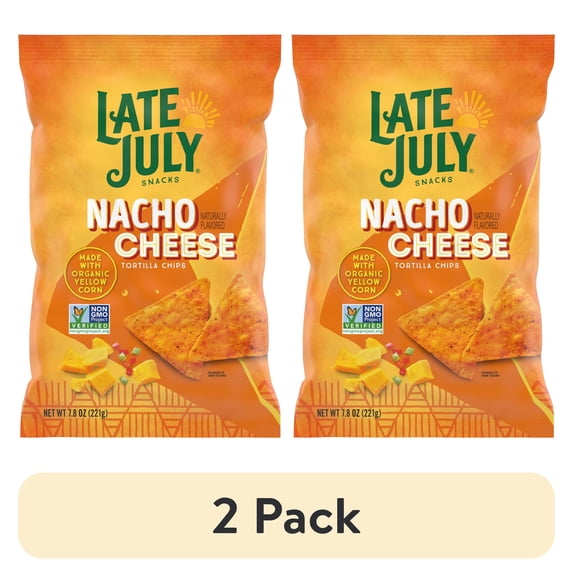 (2 pack) Late July Snacks Nacho Cheese Tortilla Chips, 7.8 oz Bag