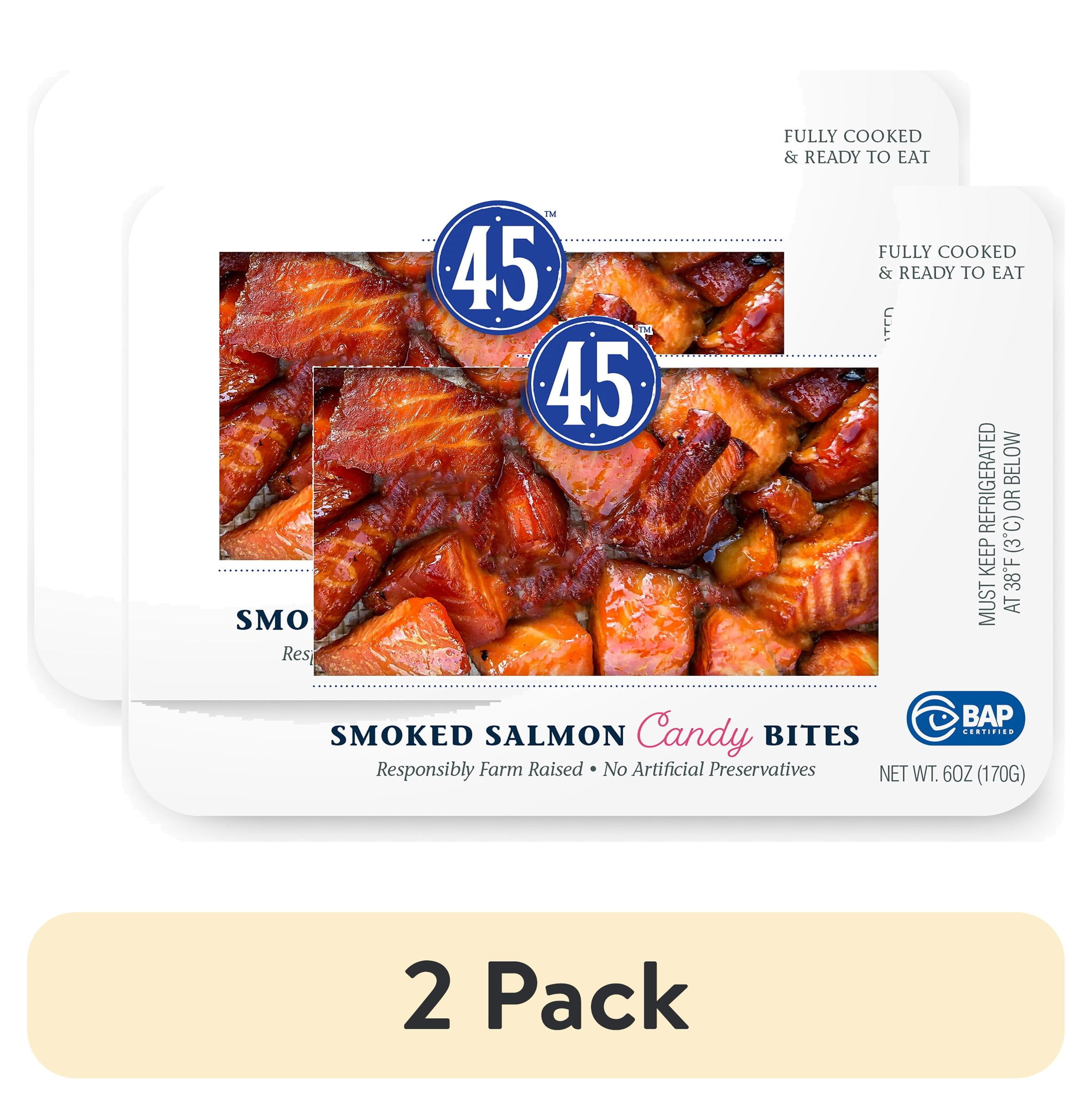 (2 pack) Latitude 45 Smoked Candy Salmon Bites, Ready to Eat Pack, 6oz serving size 2 ounces, 3 servings per container, 12g protein per serving.