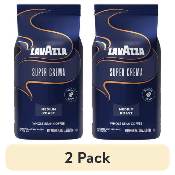 (2 pack) Lavazza Super Crema Whole Bean Coffee, Medium Espresso Roast, Arabica and Robusta Blend, 2.2 lb Bag