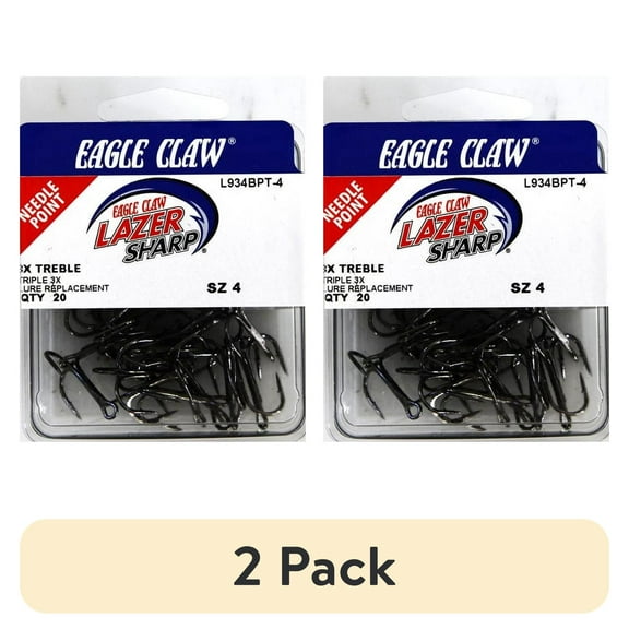 (2 pack) Lazer Sharp L934BPTH-4 3X Treble Hook, Black, Size 4, 20 Pack