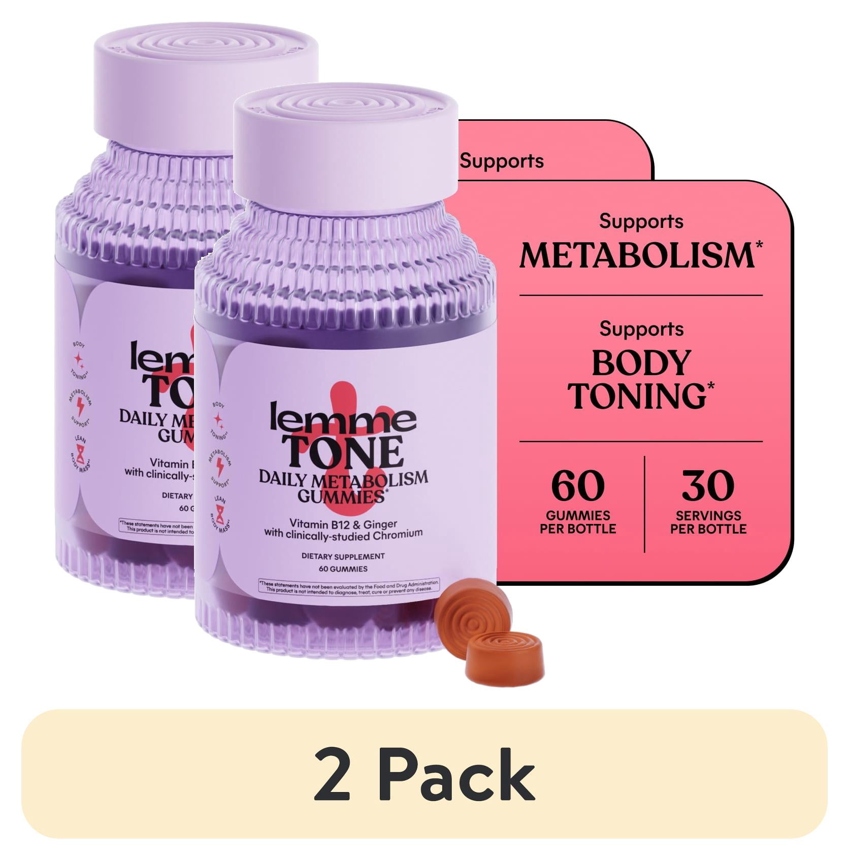 (2 pack) Lemme Tone Metabolism Gummies, Apple Cider Vinegar, Clinically Studied Chromium, B12, Ginger, Promote Lean Body Mass, Watermelon Apple Flavor (60 Gummies)