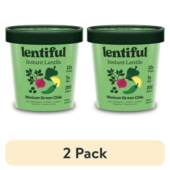 (2 pack) Lentiful Mexican Green Chile Instant Lentils - Vegan, Gluten-Free, Ready-to-Eat, Meal in Cup, 57g