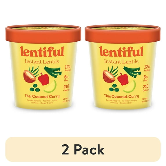 (2 pack) Lentiful Thai Coconut Curry Instant Lentils - Vegan, Gluten-Free, Ready-to-Eat, Meal in Cup, 57g