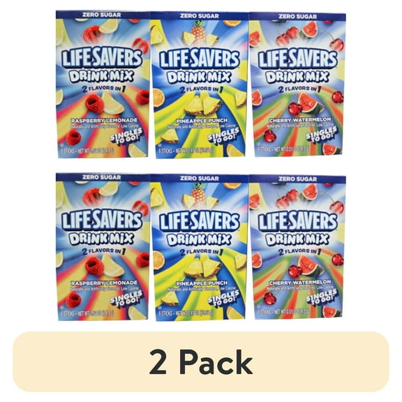 (2 pack) Life Savers Raspberry Lemonade, Pineapple Punch, and Cherry Watermelon Drink Mix Sticks Zero Sugar