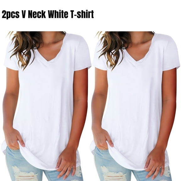 (2 pack) Liher T-shirts for Women Short Sleeve V-Neck Summer Tops Casual Loose Plain Tunic Blouse White Tee Clothes Size XL