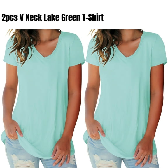 (2 pack) Liher Women Basic Tshirts Loose Fit Dressy Tops Short Sleeve V-Neck Blouse Green Summer Tee Clothes Size M
