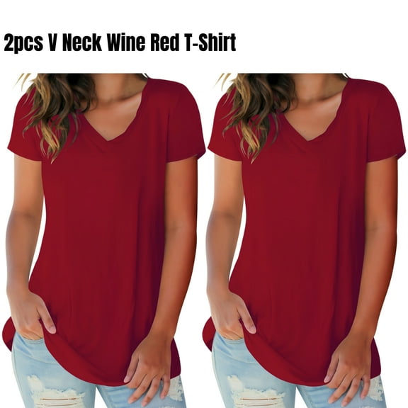 (2 pack) Liher Women Summer Tops Fashion V Neck T-shirts Short Sleeve Tunic Blouse Cute Fit Trendy Tee Wine Red Top Clothes Size XL