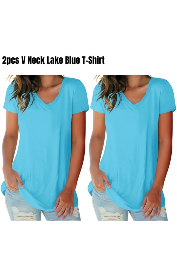 (2 pack) Liher Women Tee Shirts Trendy Fashion T Shirts Short Sleeve V-Neck Solid Color Summer Tops Lake Blue Oversized Blouse Clothes Size M