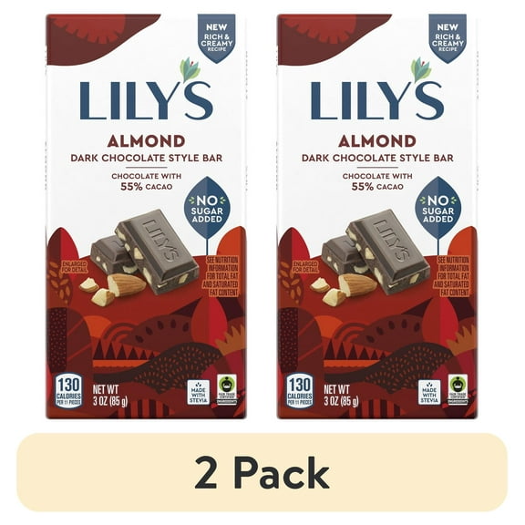 (2 pack) Lily's Almond Dark Chocolate Style No Sugar Added Sweets, Bar 3 oz