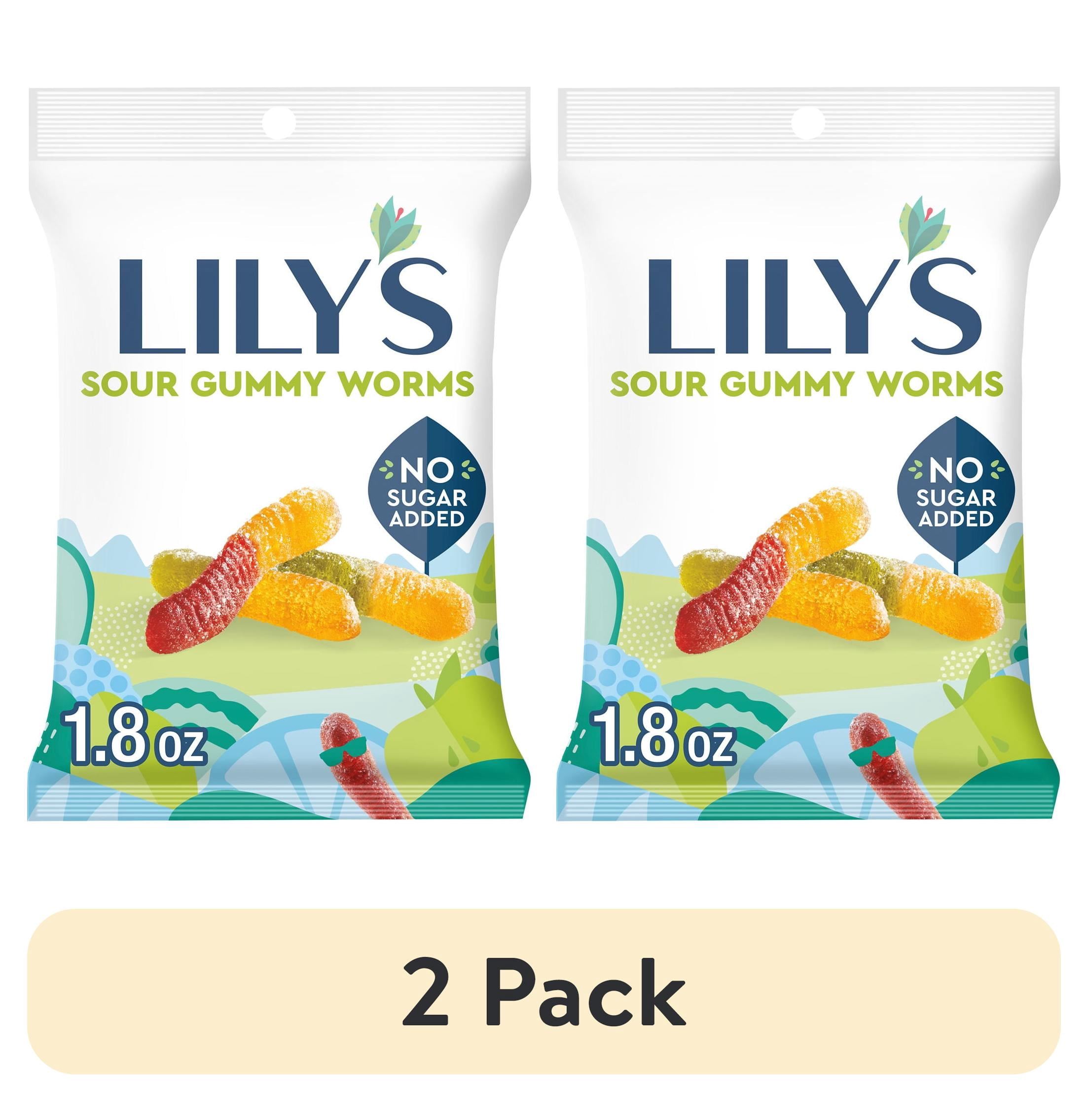 (2 pack) Lily's Assorted Fruit Flavored No Sugar Added Sour Gummy Worms, Bag 1.8 oz