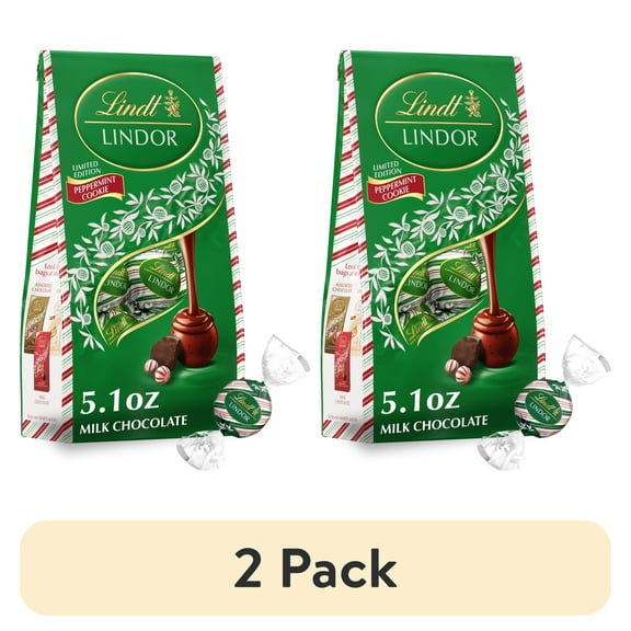 (2 pack) Lindt LINDOR Milk Chocolate Peppermint Cookie Christmas Chocolate Candy Truffles, 5.1 oz. Bag