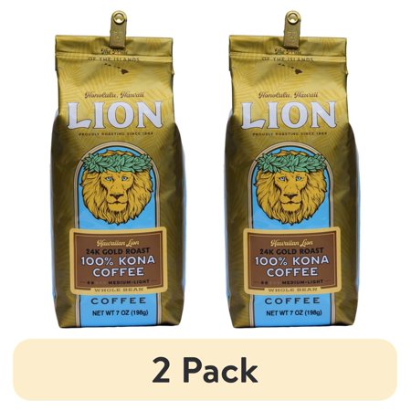 (2 pack) Lion Coffee 24K Gold Roast 100% Kona Whole Bean Coffee, Medium-Light Roast, Hawaiian Inspired Taste, 7 oz