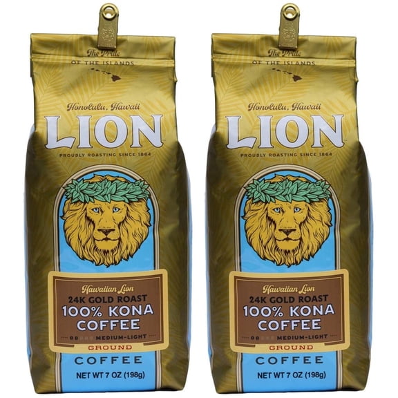 (2 pack) Lion Coffee 24K Gold Roast 100% Kona Ground Coffee, Medium-Light Roast, Hawaiian Inspired Taste, 7 oz