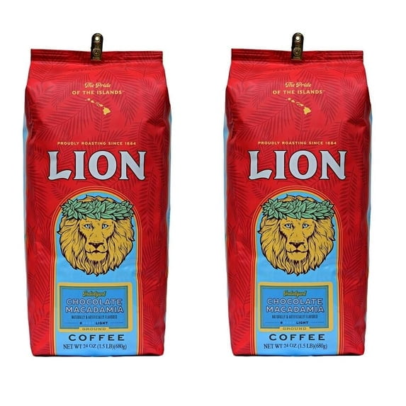 (2 pack) Lion Coffee Chocolate Macadamia Ground Coffee, 100% Arabica, Light Roast, 24 oz