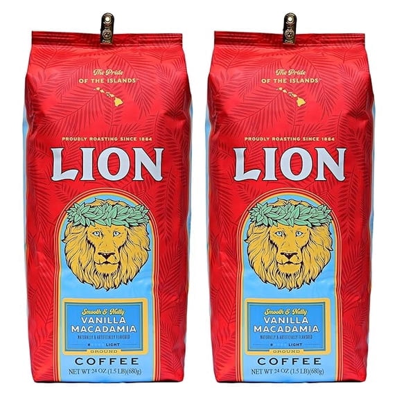 (2 pack) Lion Coffee Vanilla Macadamia Ground Coffee, Light Roast, Hawaiian Inspired Taste, 24 oz