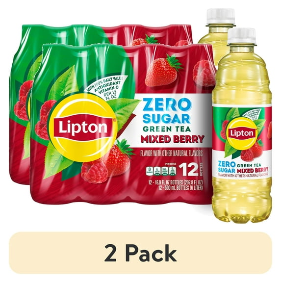 (2 pack) Lipton Green Tea Mixed Berry Zero Sugar Iced Tea, 16.9 fl oz, 12 Pack Bottles
