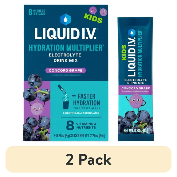 (2 pack) Liquid I.V. Concord Grape Hydration Multiplier for Kids Powdered Electrolyte Drink Mix, 8 Count