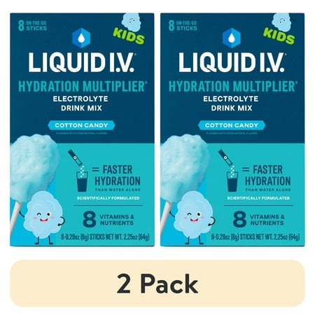 (2 pack) Liquid I.V.® Cotton Candy Hydration Multiplier® for Kids Powdered Electrolyte Drink Mix, 8 Count Packets