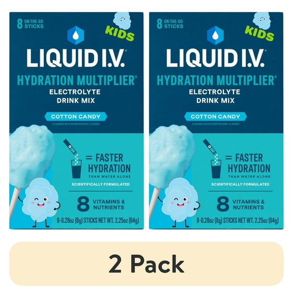 (2 pack) Liquid I.V. Cotton Candy Hydration Multiplier for Kids Powdered Electrolyte Drink Mix, 8 Count Packets